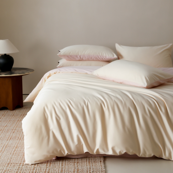 91家纺网 家纺一手货源 找家纺 云栖家居 2025新款全棉纯棉纯色双拼色长绒棉纯棉四件套--极简 米粒碎&玉兰粉