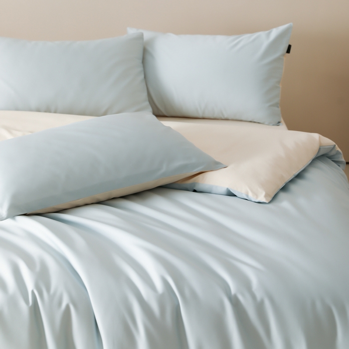 91家纺网 家纺一手货源 找家纺 云栖家居 2025新款全棉纯棉纯色双拼色长绒棉纯棉四件套--极简 浅云兰&米粒碎