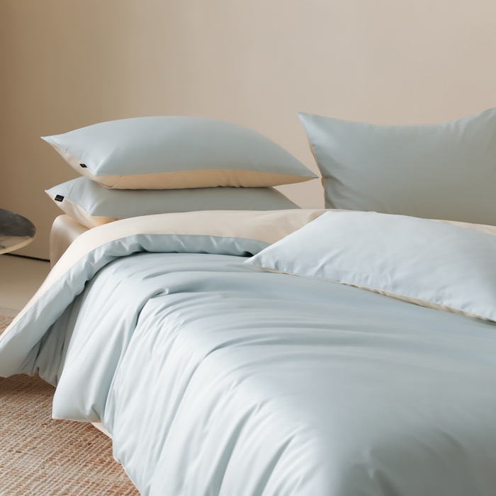 91家纺网 家纺一手货源 找家纺 云栖家居 2025新款全棉纯棉纯色双拼色长绒棉纯棉四件套--极简 浅云兰&米粒碎