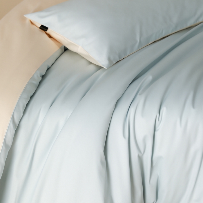 91家纺网 家纺一手货源 找家纺 云栖家居 2025新款全棉纯棉纯色双拼色长绒棉纯棉四件套--极简 浅云兰&米粒碎