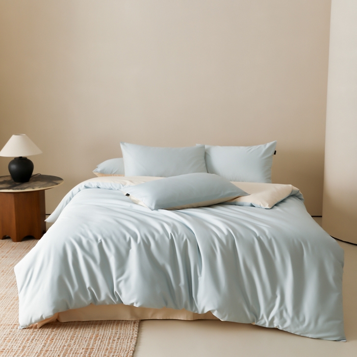 91家纺网 家纺一手货源 找家纺 云栖家居 2025新款全棉纯棉纯色双拼色长绒棉纯棉四件套--极简 浅云兰&米粒碎