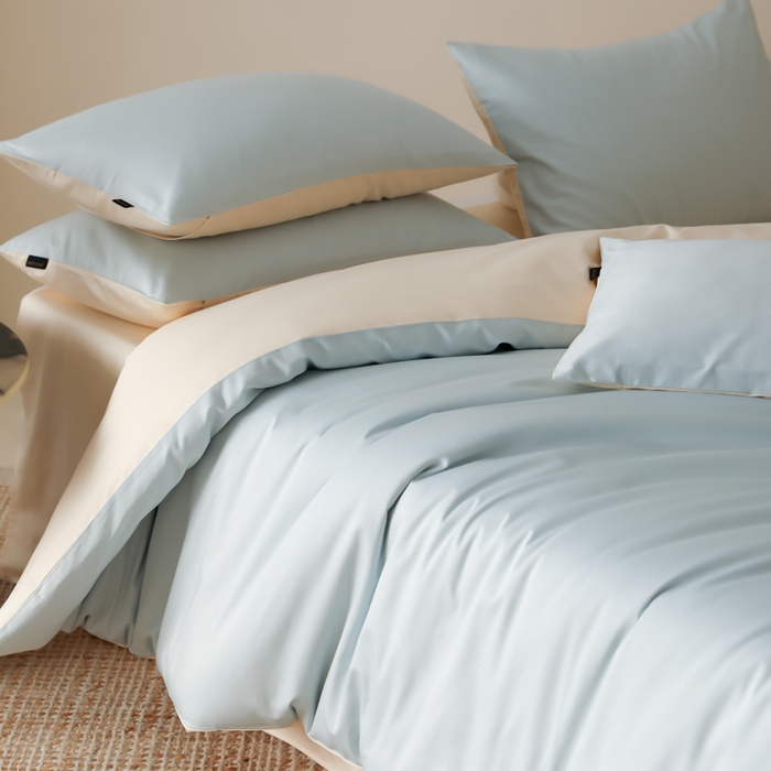 91家纺网 家纺一手货源 找家纺 云栖家居 2025新款全棉纯棉纯色双拼色长绒棉纯棉四件套--极简 浅云兰&米粒碎