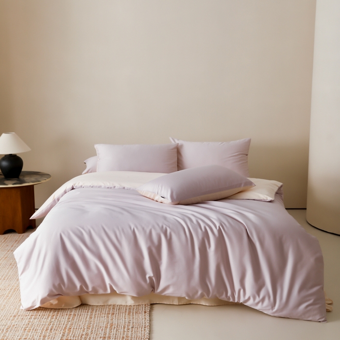 91家纺网 家纺一手货源 找家纺 云栖家居 2025新款全棉纯棉纯色双拼色长绒棉纯棉四件套--极简 棠梨紫&米粒碎