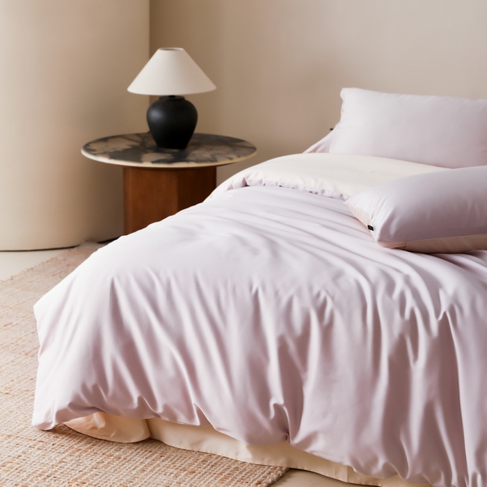 91家纺网 家纺一手货源 找家纺 云栖家居 2025新款全棉纯棉纯色双拼色长绒棉纯棉四件套--极简 棠梨紫&米粒碎