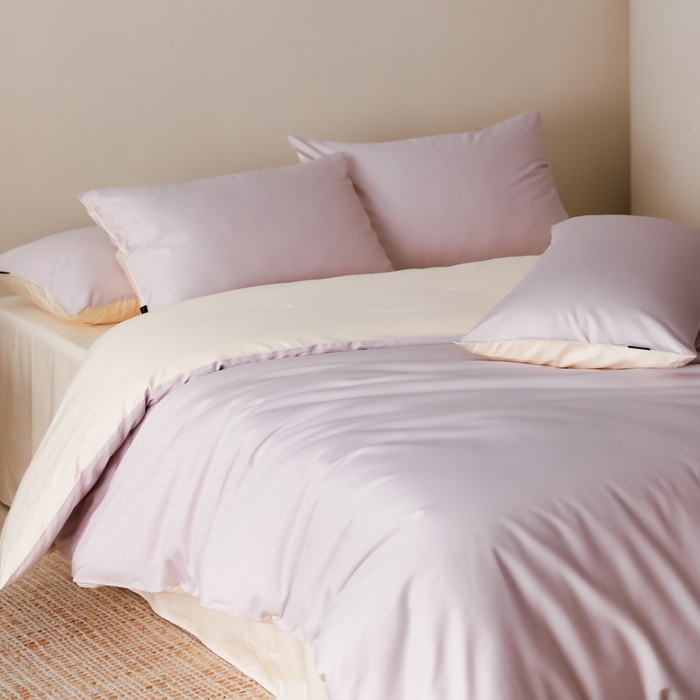 91家纺网 家纺一手货源 找家纺 云栖家居 2025新款全棉纯棉纯色双拼色长绒棉纯棉四件套--极简 棠梨紫&米粒碎