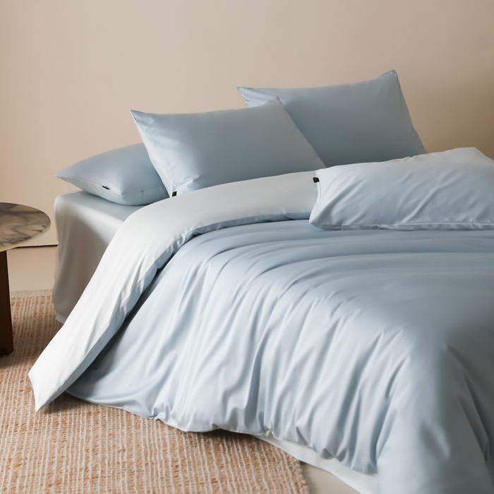 91家纺网 家纺一手货源 找家纺 云栖家居 2025新款全棉纯棉纯色双拼色长绒棉纯棉四件套--极简 希腊蓝&浅云兰