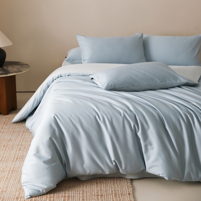 91家纺网 家纺一手货源 找家纺 云栖家居 2025新款全棉纯棉纯色双拼色长绒棉纯棉四件套--极简 希腊蓝&浅云兰