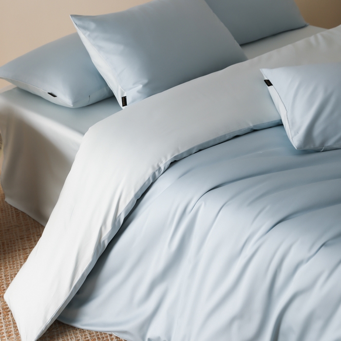 91家纺网 家纺一手货源 找家纺 云栖家居 2025新款全棉纯棉纯色双拼色长绒棉纯棉四件套--极简 希腊蓝&浅云兰