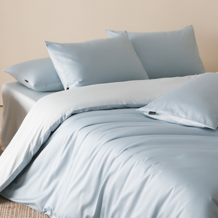 91家纺网 家纺一手货源 找家纺 云栖家居 2025新款全棉纯棉纯色双拼色长绒棉纯棉四件套--极简 希腊蓝&浅云兰