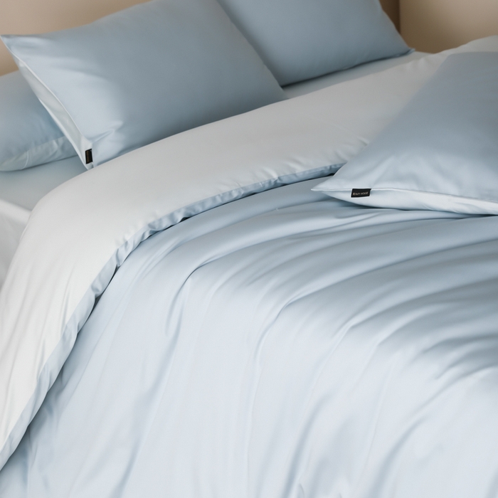 91家纺网 家纺一手货源 找家纺 云栖家居 2025新款全棉纯棉纯色双拼色长绒棉纯棉四件套--极简 希腊蓝&浅云兰