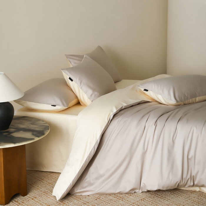 91家纺网 家纺一手货源 找家纺 云栖家居 2025新款全棉纯棉纯色双拼色长绒棉纯棉四件套--极简 锡器灰&米粒碎