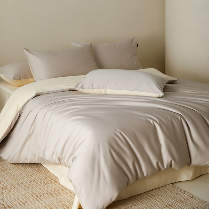 91家纺网 家纺一手货源 找家纺 云栖家居 2025新款全棉纯棉纯色双拼色长绒棉纯棉四件套--极简 锡器灰&米粒碎