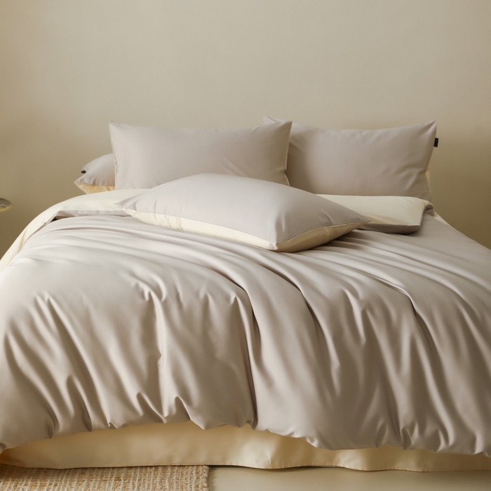 91家纺网 家纺一手货源 找家纺 云栖家居 2025新款全棉纯棉纯色双拼色长绒棉纯棉四件套--极简 锡器灰&米粒碎