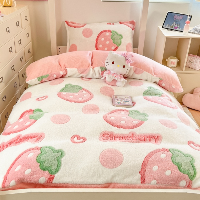 91家纺网 家纺一手货源 找家纺 川悦生活 2025新款立体雪花绒印花四件套学生床系列一场景一 啵啵草莓