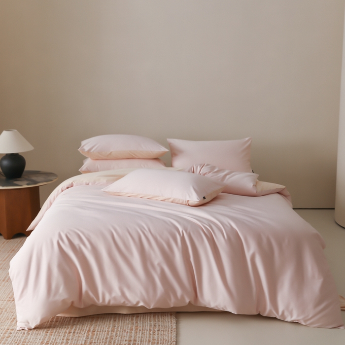 91家纺网 家纺一手货源 找家纺 云栖家居 2025新款全棉纯棉纯色双拼色长绒棉纯棉四件套--极简 玉兰粉&米粒碎