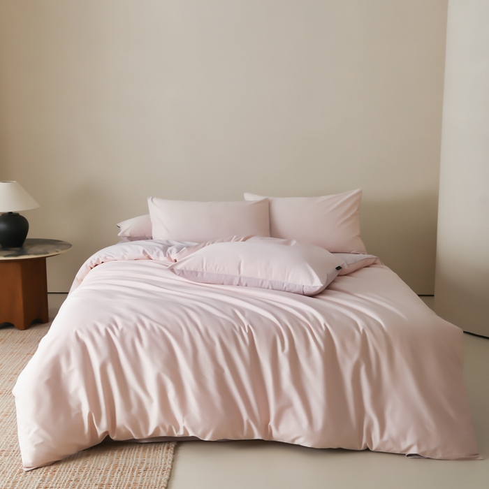 91家纺网 家纺一手货源 找家纺 云栖家居 2025新款全棉纯棉纯色双拼色长绒棉纯棉四件套--极简 玉兰粉&棠梨紫