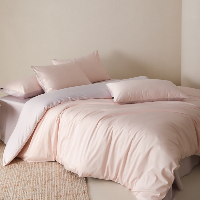 91家纺网 家纺一手货源 找家纺 云栖家居 2025新款全棉纯棉纯色双拼色长绒棉纯棉四件套--极简 玉兰粉&棠梨紫