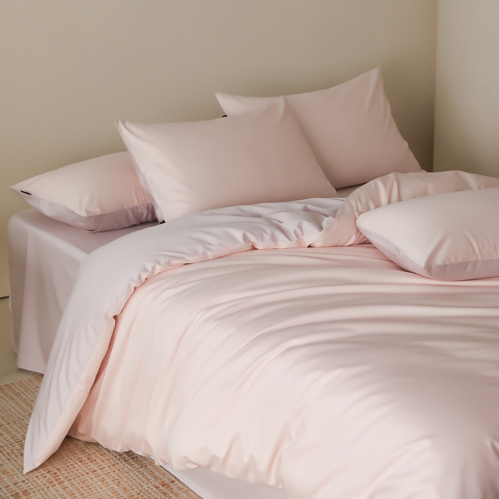 91家纺网 家纺一手货源 找家纺 云栖家居 2025新款全棉纯棉纯色双拼色长绒棉纯棉四件套--极简 玉兰粉&棠梨紫