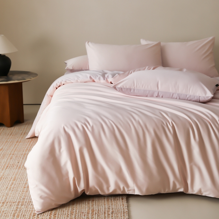 91家纺网 家纺一手货源 找家纺 云栖家居 2025新款全棉纯棉纯色双拼色长绒棉纯棉四件套--极简 玉兰粉&棠梨紫