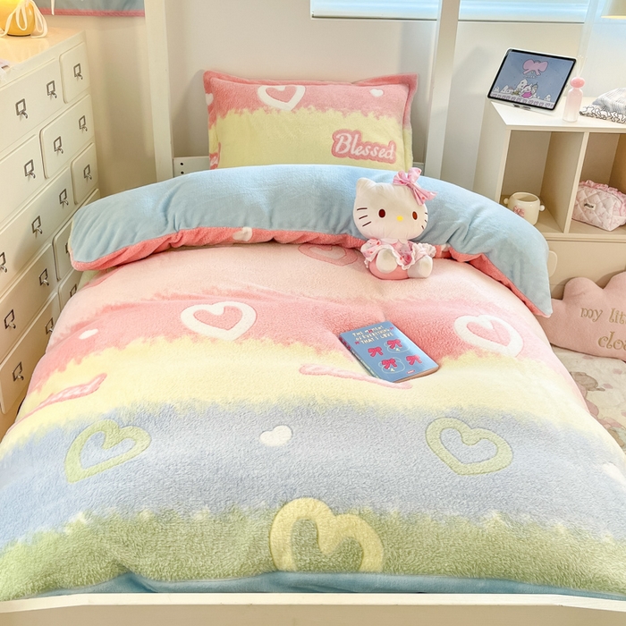 91家纺网 家纺一手货源 找家纺 川悦生活 2025新款立体雪花绒印花四件套学生床系列一场景一 彩虹爱语蓝