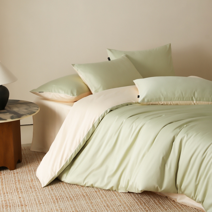 云栖家居 2025新款全棉纯棉纯色双拼色长绒棉纯棉四件套--极简 原力绿&米粒碎
