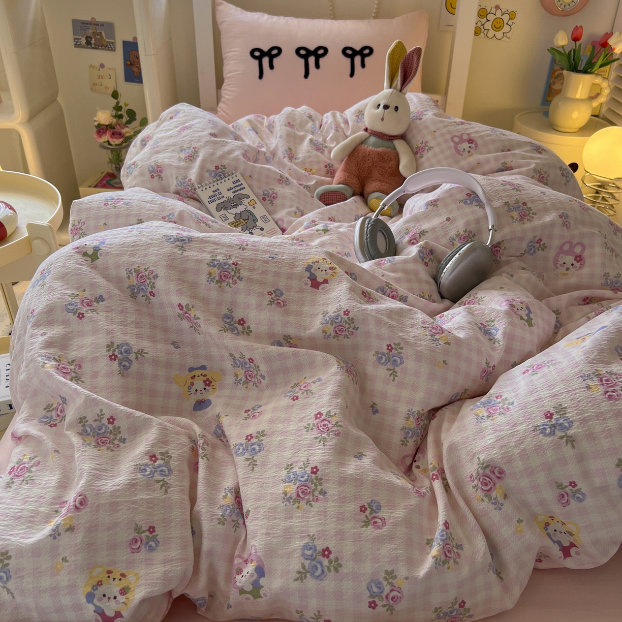 91家纺网 家纺一手货源 找家纺 三元色 2025新款云感毛巾绣学生三件套 猫咪花园