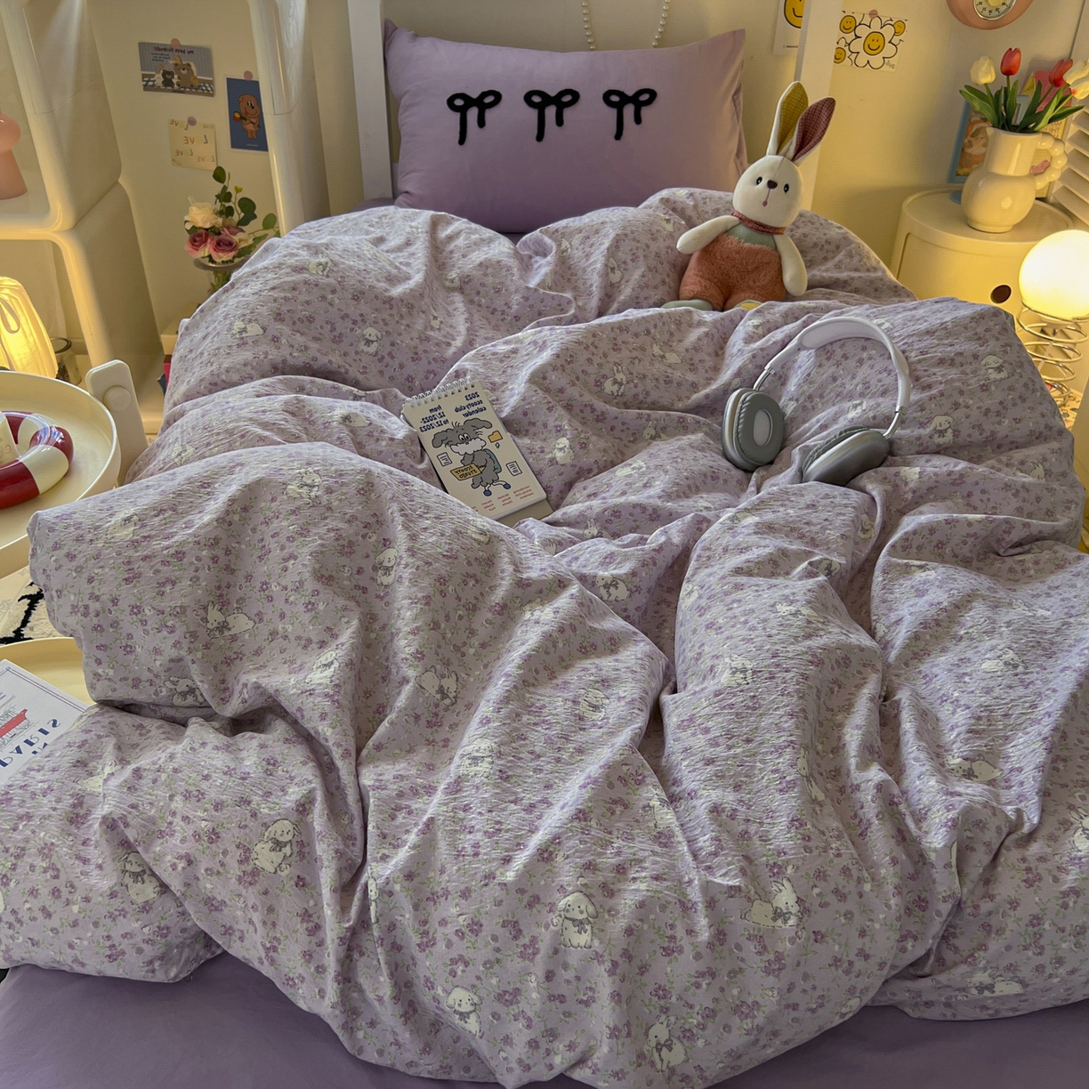 91家纺网 家纺一手货源 找家纺 三元色 2025新款云感毛巾绣学生三件套 兔茶春日