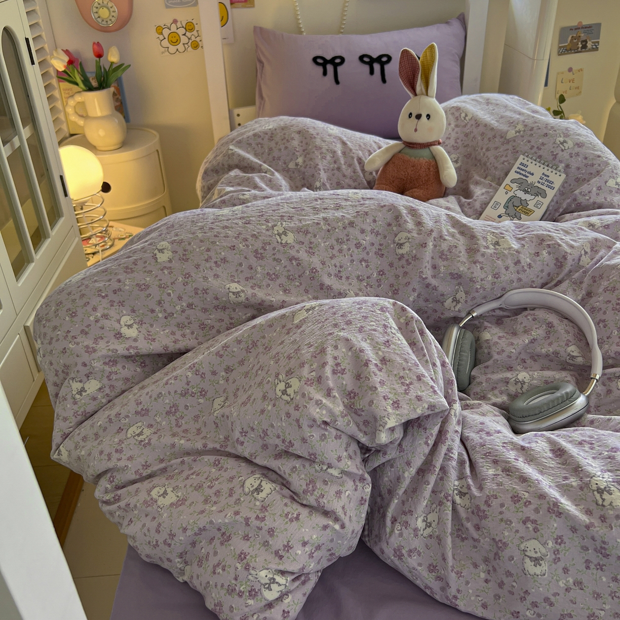 91家纺网 家纺一手货源 找家纺 三元色 2025新款云感毛巾绣学生三件套 兔茶春日