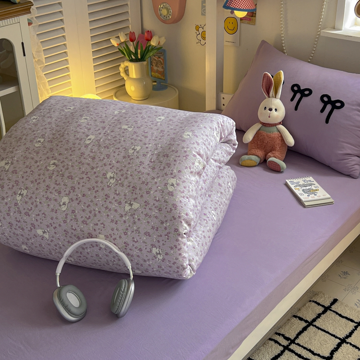 91家纺网 家纺一手货源 找家纺 三元色 2025新款云感毛巾绣学生三件套 兔茶春日