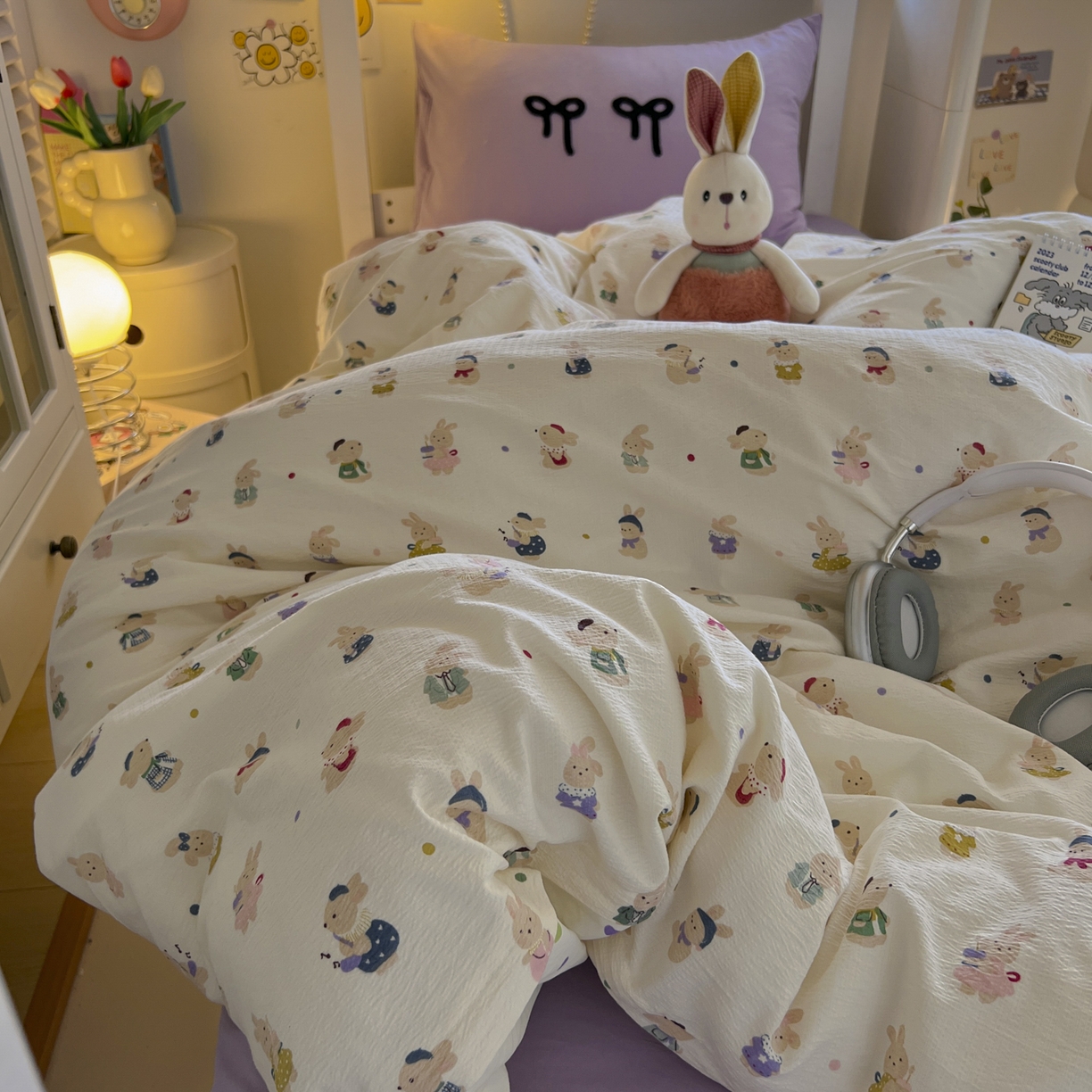 91家纺网 家纺一手货源 找家纺 三元色 2025新款云感毛巾绣学生三件套 心动萌兔