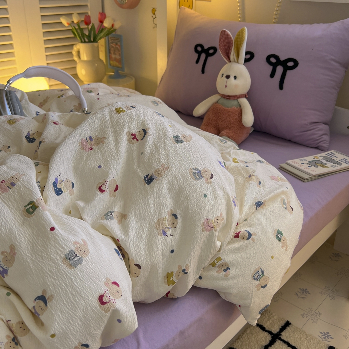 91家纺网 家纺一手货源 找家纺 三元色 2025新款云感毛巾绣学生三件套 心动萌兔