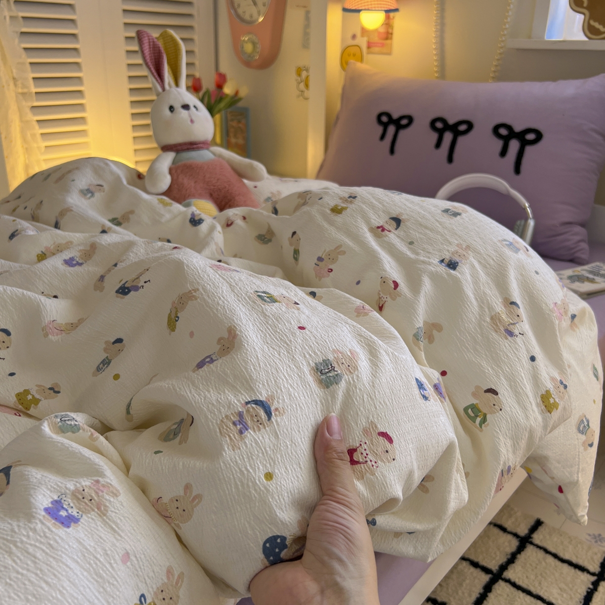 91家纺网 家纺一手货源 找家纺 三元色 2025新款云感毛巾绣学生三件套 心动萌兔