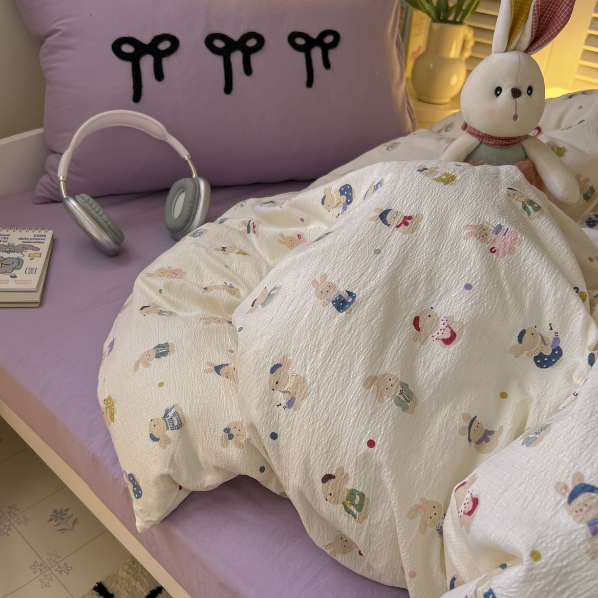 91家纺网 家纺一手货源 找家纺 三元色 2025新款云感毛巾绣学生三件套 心动萌兔