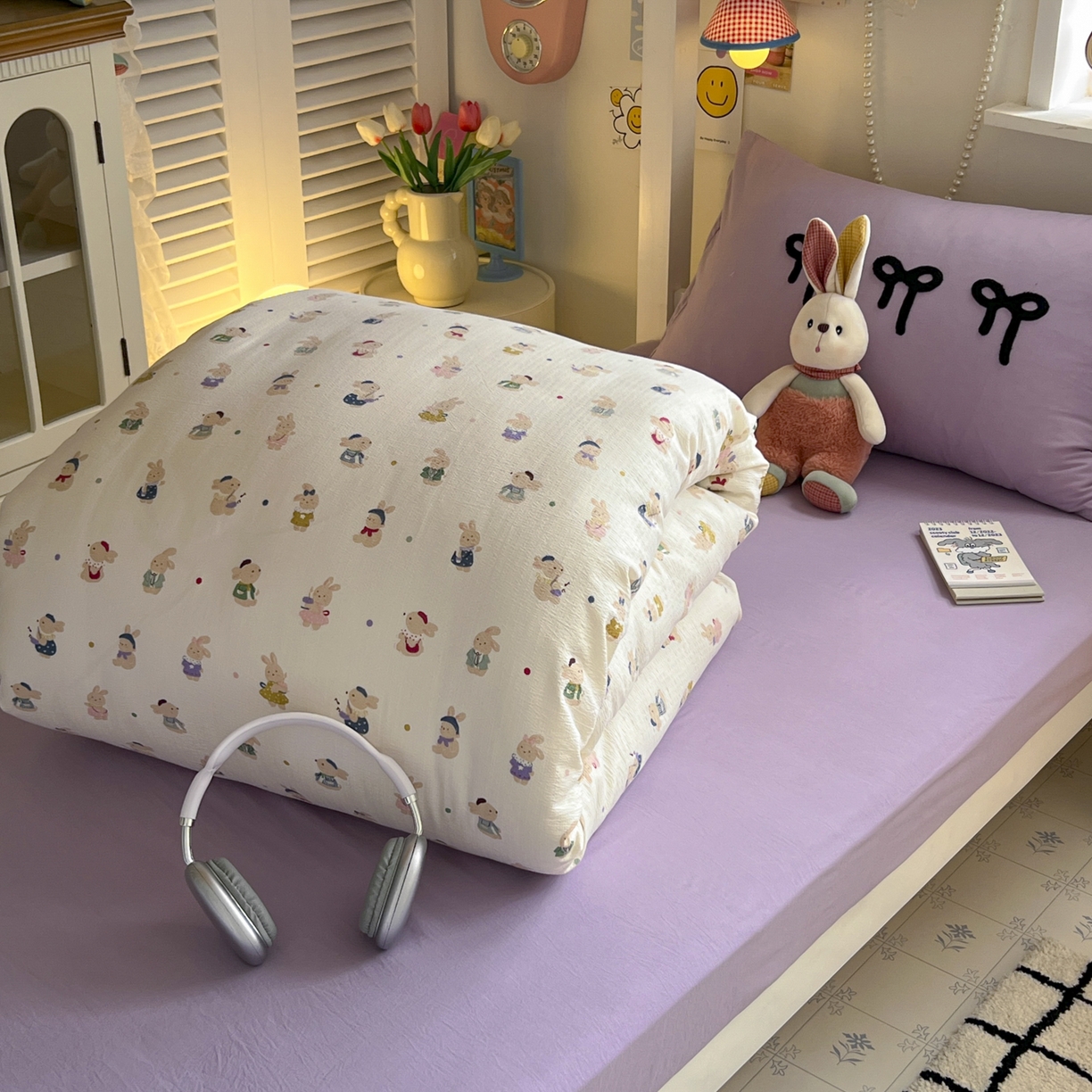 91家纺网 家纺一手货源 找家纺 三元色 2025新款云感毛巾绣学生三件套 心动萌兔