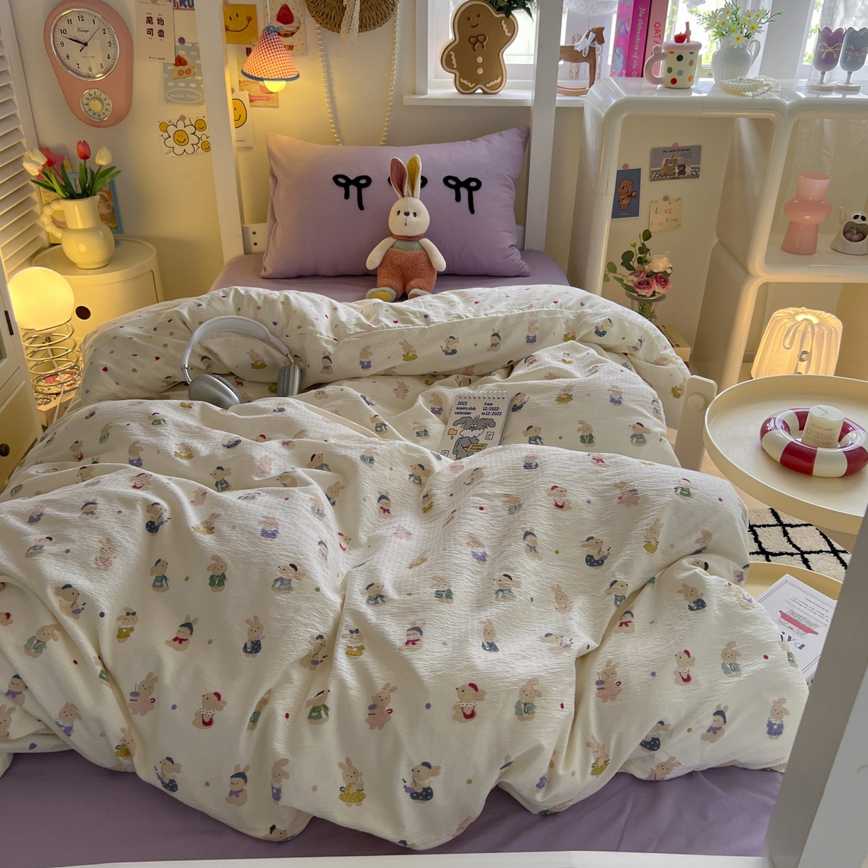 91家纺网 家纺一手货源 找家纺 三元色 2025新款云感毛巾绣学生三件套 心动萌兔