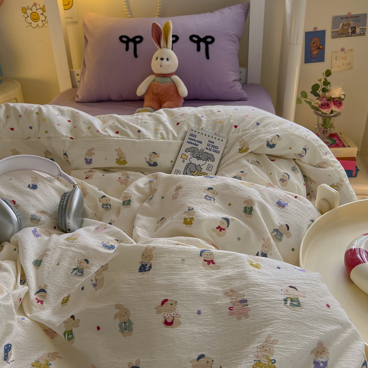 91家纺网 家纺一手货源 找家纺 三元色 2025新款云感毛巾绣学生三件套 心动萌兔