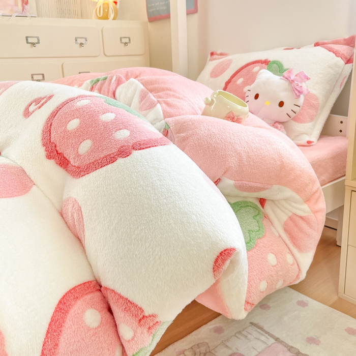 91家纺网 家纺一手货源 找家纺 川悦生活 2025新款立体雪花绒印花四件套学生床系列一场景一 啵啵草莓