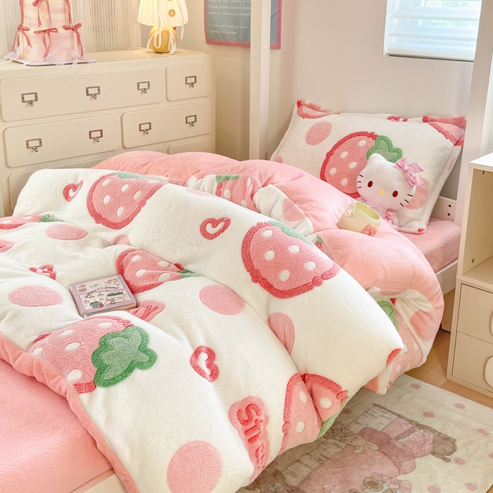 91家纺网 家纺一手货源 找家纺 川悦生活 2025新款立体雪花绒印花四件套学生床系列一场景一 啵啵草莓