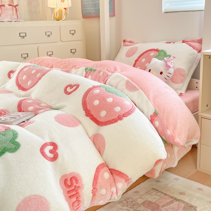 91家纺网 家纺一手货源 找家纺 川悦生活 2025新款立体雪花绒印花四件套学生床系列一场景一 啵啵草莓