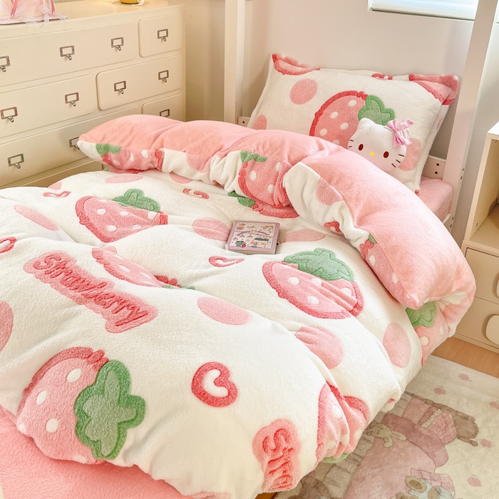 91家纺网 家纺一手货源 找家纺 川悦生活 2025新款立体雪花绒印花四件套学生床系列一场景一 啵啵草莓