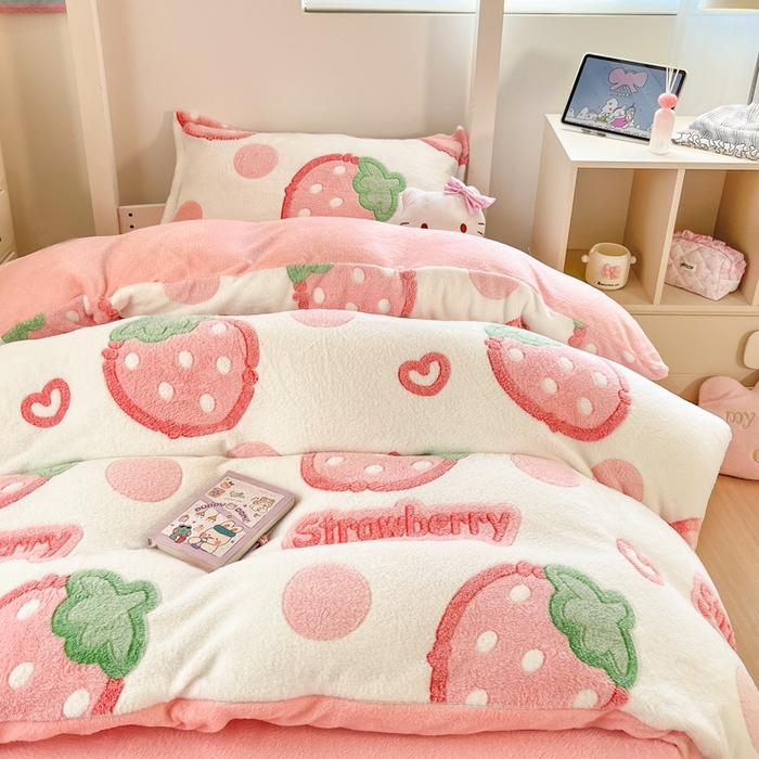 91家纺网 家纺一手货源 找家纺 川悦生活 2025新款立体雪花绒印花四件套学生床系列一场景一 啵啵草莓