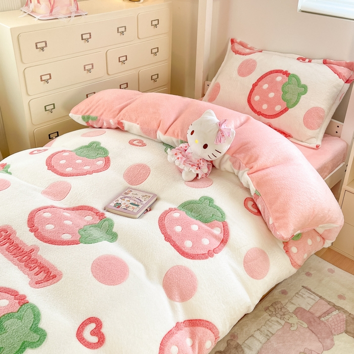 91家纺网 家纺一手货源 找家纺 川悦生活 2025新款立体雪花绒印花四件套学生床系列一场景一 啵啵草莓