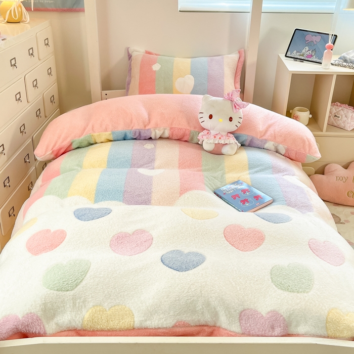 川悦生活 2025新款立体雪花绒印花四件套学生床系列一场景一 彩虹爱心粉