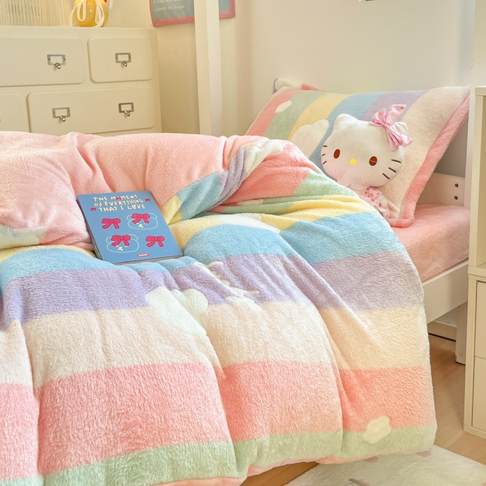 91家纺网 家纺一手货源 找家纺 川悦生活 2025新款立体雪花绒印花四件套学生床系列一场景一 彩虹爱心粉