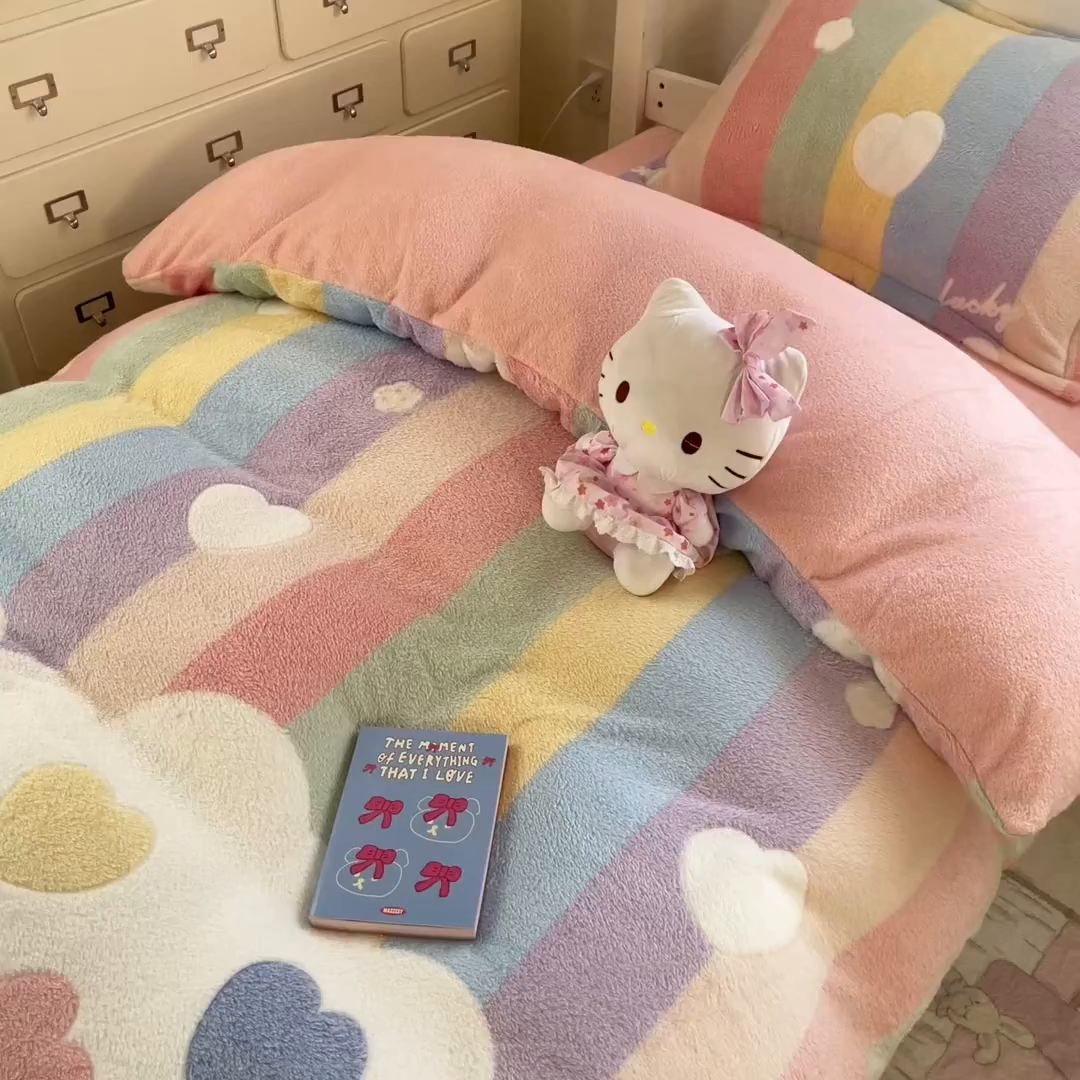 91家纺网 家纺一手货源 找家纺 川悦生活 2025新款立体雪花绒印花四件套学生床系列一场景一 彩虹爱心粉