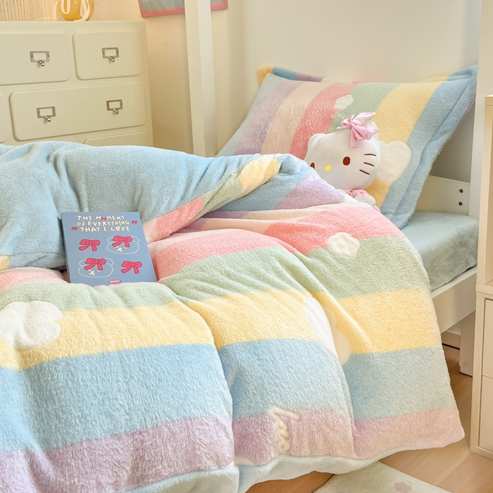 91家纺网 家纺一手货源 找家纺 川悦生活 2025新款立体雪花绒印花四件套学生床系列一场景一 彩虹爱心蓝