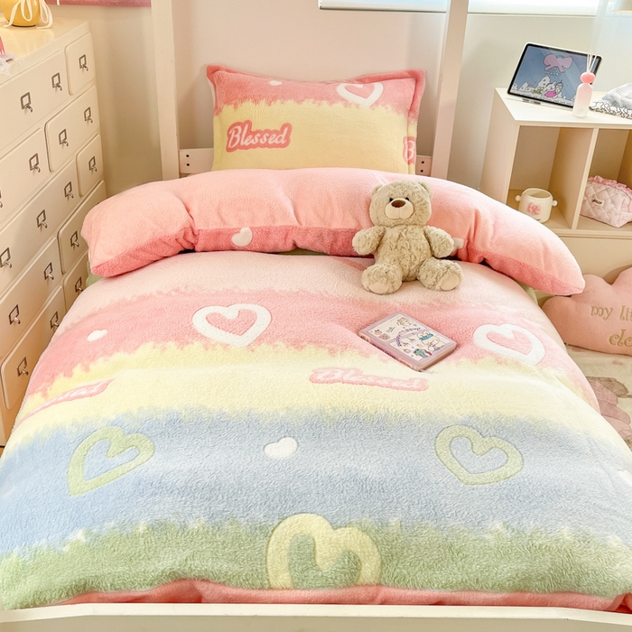 川悦生活 2025新款立体雪花绒印花四件套学生床系列一场景一 彩虹爱语粉