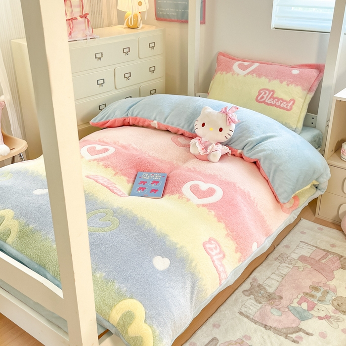 91家纺网 家纺一手货源 找家纺 川悦生活 2025新款立体雪花绒印花四件套学生床系列一场景一 彩虹爱语蓝