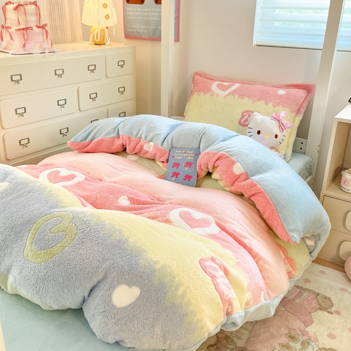 91家纺网 家纺一手货源 找家纺 川悦生活 2025新款立体雪花绒印花四件套学生床系列一场景一 彩虹爱语蓝