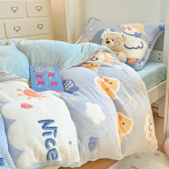 91家纺网 家纺一手货源 找家纺 川悦生活 2025新款立体雪花绒印花四件套学生床系列一场景一 哒哒鸭丫